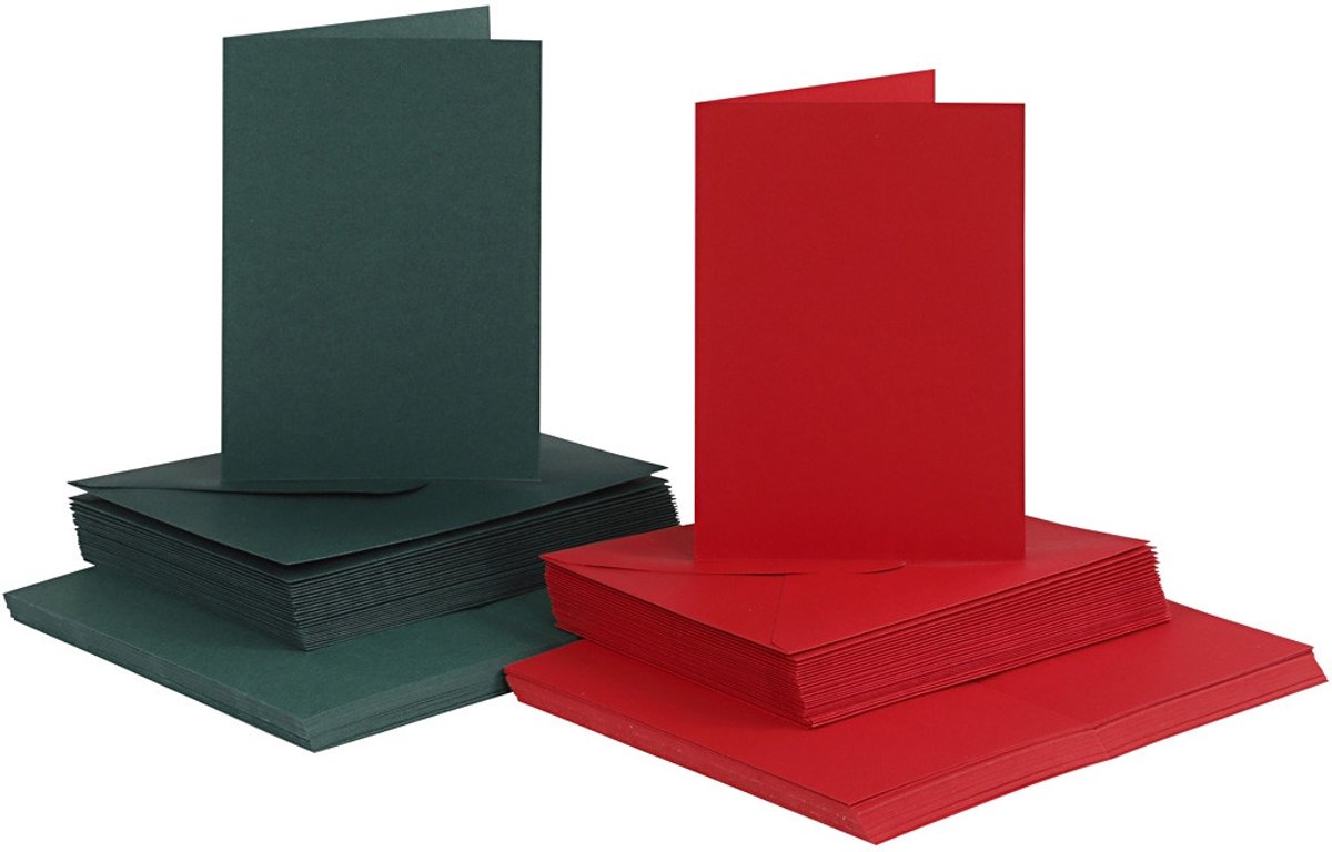 Kaarten en enveloppen, afmeting kaart 10,5x15 cm, afmeting envelop 11,5x16,5 cm, groen, rood, 50sets [HOB-23112]